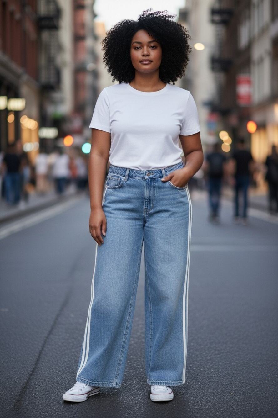 Low Rise Baggy Wide Leg Jeans with White Side Stripes Light Wash Size 12 NWT